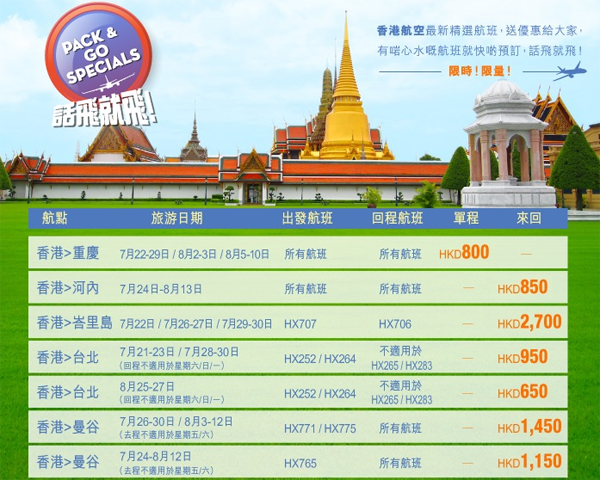 港航Last Minute劈，台北$650、河內$850、曼谷$1,150、峇里島$2,700起，7月至8月指定日期出發