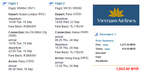 越南航空吉隆坡飛巴黎及法蘭克福，回程飛香港/台北，來回連稅$4,017 / TWD17,010起，2016年6月30日前出發