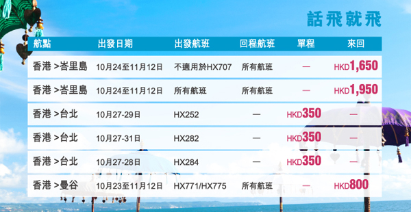 港航Last Minute劈，單程台北$350、來回曼谷$800、峇里島$1,650起，10-11月指定日期出發