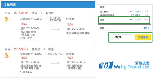 粉絲獨家Code！Wefly訂新航機票全線減$100，香港來回新加坡$1,067、澳洲$2,234、三藩市$4,873起