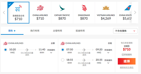 限時優惠！中華航空來回高雄HK$710起，11月指定日子出發