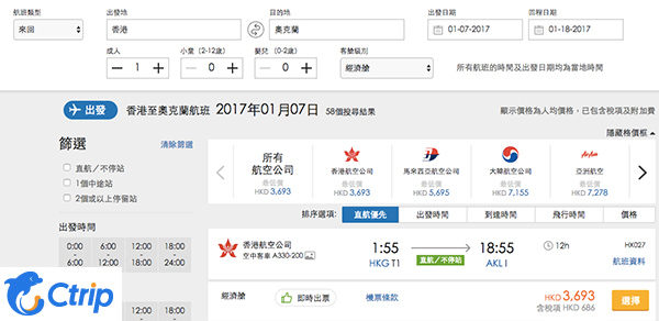 狂減！港航還擊！直航史上最平：香港來回奧克蘭$3,007起，2017年2月9日前出發