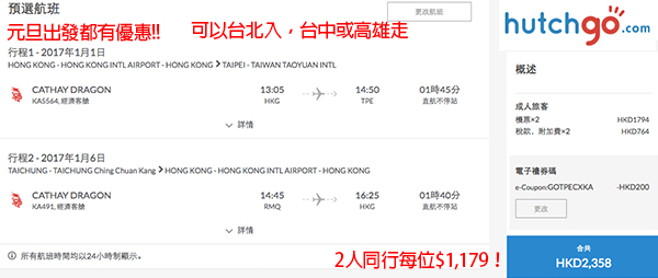 抵！新年有呀！國泰航空2人同行來回台北每位$850起，可Openjaw！包30kg行李！2017年2月28日前出發