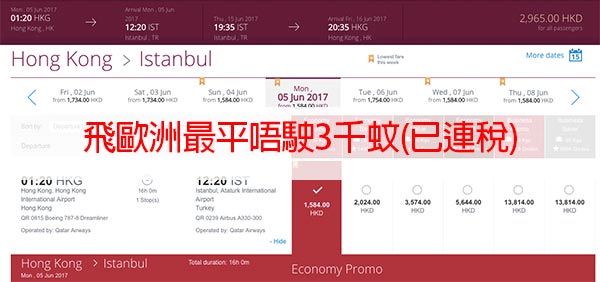 嘩！爆減！最平3千有找！卡塔爾航空香港來回歐洲$2,410起！6月21日前出發
