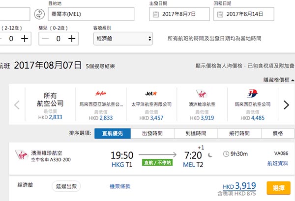 維珍澳洲航空跟減！暑假都有！香港直航來回墨爾本$3,044起！11月30日前出發