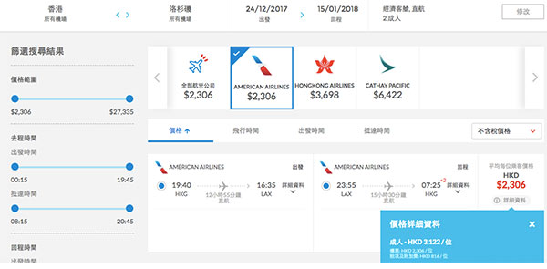 洛杉磯爆平癲價！美國航空香港直航來回$2,306起！聖誕都有平！2018年3月23日前出發