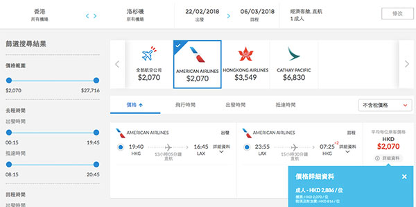 爆平！又係洛杉磯！美國航空跟減，香港直航來回$2,070起！2018年2-3月出發