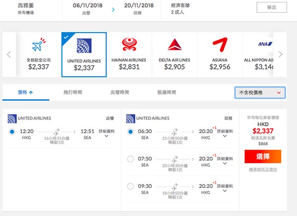 平呀！超抵坐！聯合航空+ANA香港來回美國西雅圖$2,337起！12月9日前出發