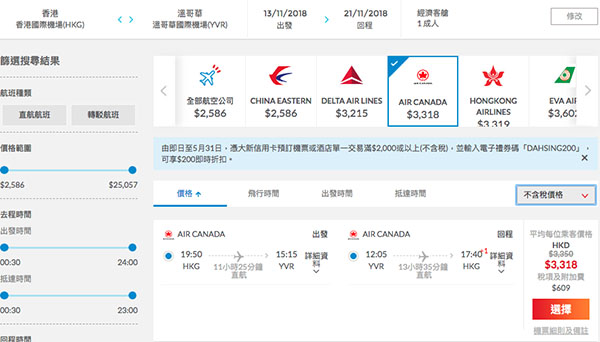 【溫哥華】繼續減！連稅三千九！加拿大航空香港直航來回溫哥華$3,318起！2019年3月31日前出發