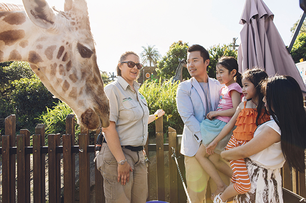 Family enjoying an encounter with a giraffe during the giraffe keeper talk at Taronga Zoo, Sydney.