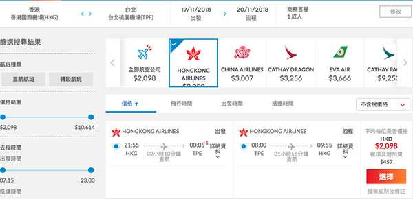 【台北】港航Mega Sale！坐商務歎住飛！香港航空來回台北$2,098起，2019年3月31日前出發