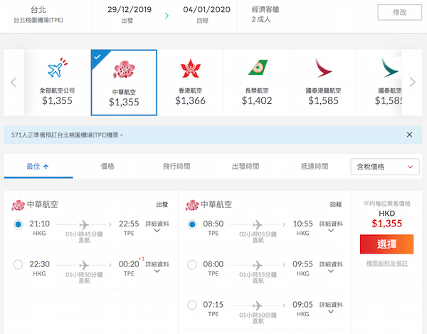 【台北】快閃台灣！跨年都有平！中華航空香港來回台北$734起！2020年3月31日前出發