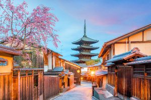 Old town Kyoto during sakura season in Japan.