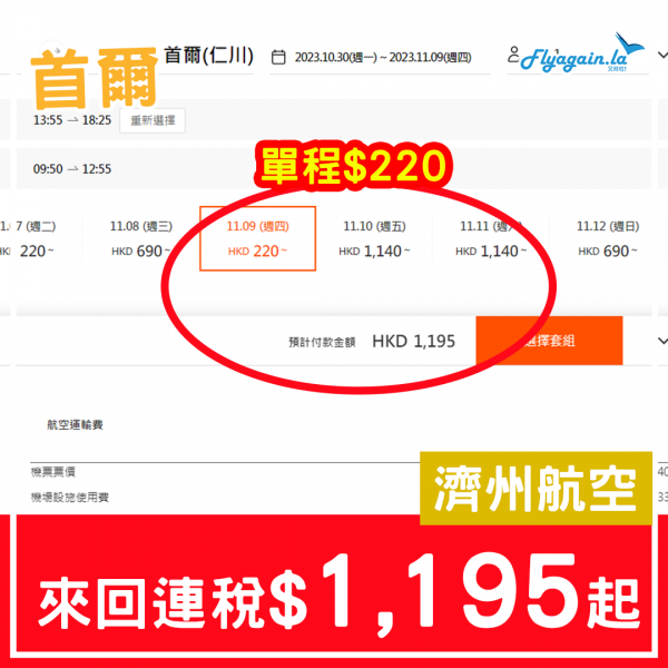 【首爾】單程$220！濟州航空來回首爾連稅$1,195起，包15kg行李！10月至11月期間出發！
