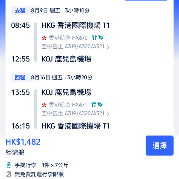 【鹿兒島】暑假超劈！香港航空來回連稅$1,482起，包20kg行李$1,703起，8月30日前出發