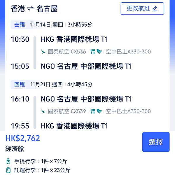 【日本】紅葉期有！國泰來回連稅福岡$2,657、名古屋$2,762、大阪$2,876、東京成田$3,117起，包23kg行李，12月15日前出發