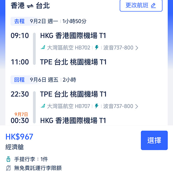 【台北】嘩！劈到爛！大灣區航空來回連稅$967起，10月31日前出發