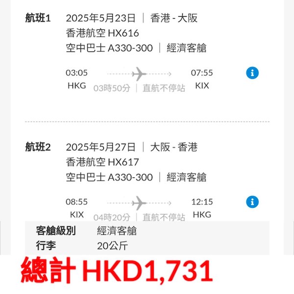 【大阪】雞肋優惠！香港航空來回大阪連稅$1,731起，包20kg寄艙行李！5月29日或之前出發