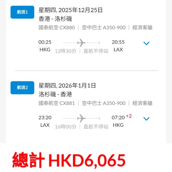 【美國西岸】直迫轉機價！多個旺季都有！國泰航空來回洛杉磯／三藩市連稅$6,065起！12月31日或之前出發