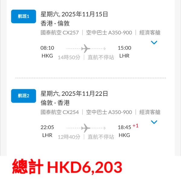 【倫敦】直航平飛！Last Minute勁抵！國泰航空來回倫敦連稅$5,519起！2026年3月31日或之前出發