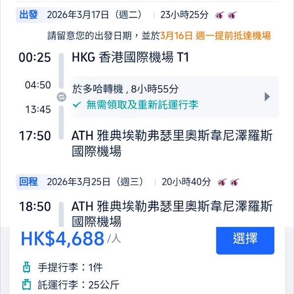【希臘】早鳥！平飛歐遊！卡塔爾航空來回雅典連稅$4,688起！6、11、1至3月指定日子出發