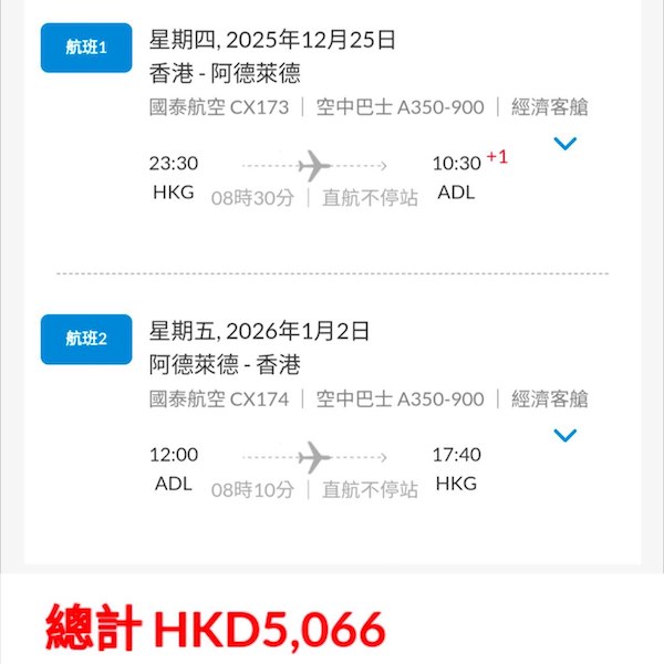 【澳洲】終於有返直航啦！跨年都有平！國泰航空來回阿德萊德連稅$5,066起！11月尾至2026年3月尾出發
