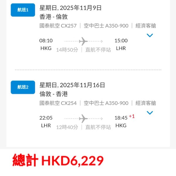 【倫敦】直航又減！出發期去到下年3月！國泰航空來回倫敦連稅$6,229起！10月中至2026年3月中出發