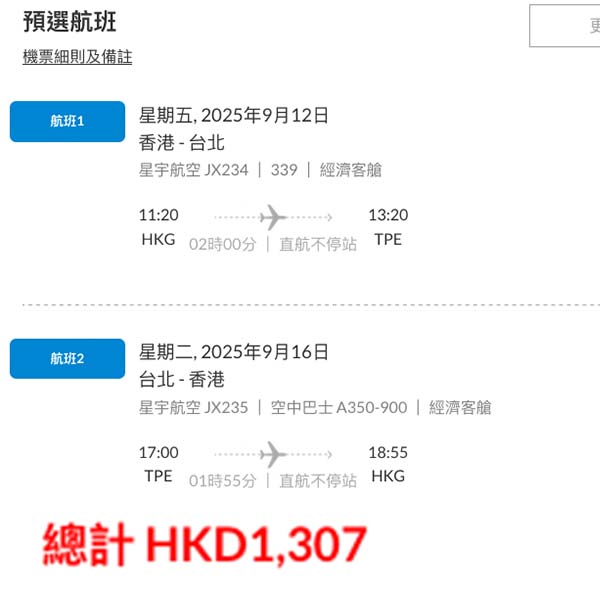 【台北】繼續有減！暑假都只係千五左右！星宇航空來回台北連稅$1,307起！6月至12月出發
