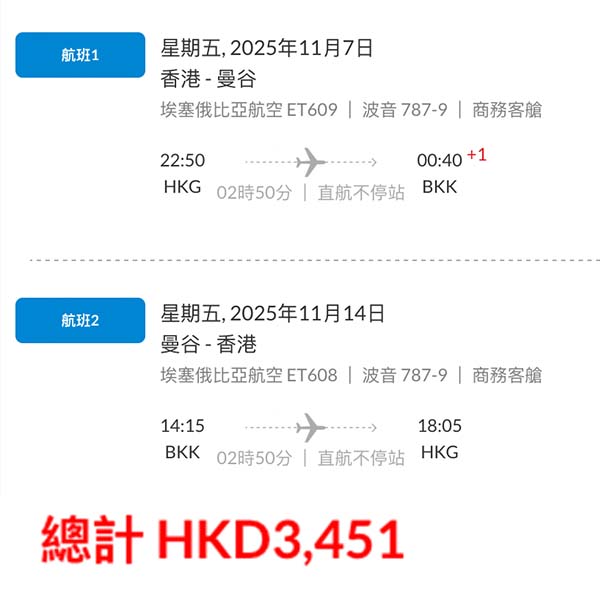 【曼谷】激抵商務艙！埃塞俄比亞航空來回曼谷連稅$3,451起，包3件23kg寄艙行李！2026年4月10日或之前出發