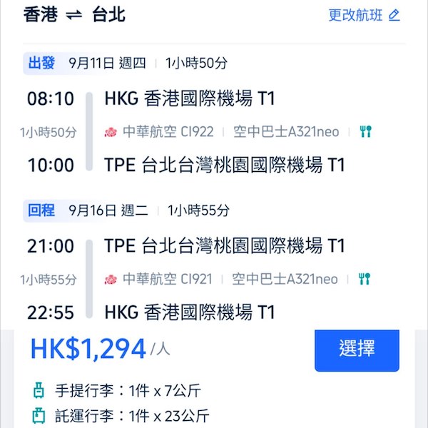 【台北】限定航班再減！暑假都千四有找！中華航空來回台北連稅$1,294起！12月31日或之前出發
