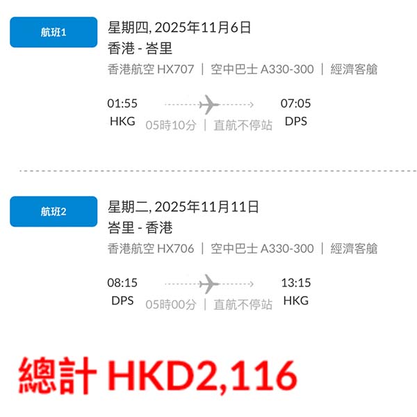【峇里】抵飛海島度假！平國泰一大截！香港航空來回峇里連稅$2,116起，包23kg寄艙行李！9月頭至12月中出發