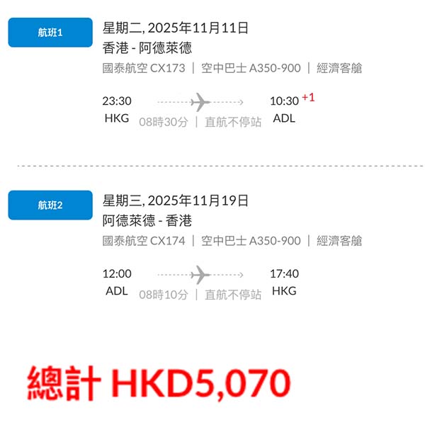 【澳洲】重開直航限量優惠！唔使轉機去啦！國泰航空來回阿德萊德連稅$5,070起！11月至2026年3月指定日子