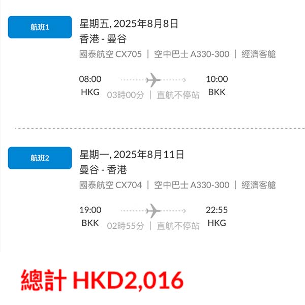 【曼谷】暑假照減！超多平飛任揀！國泰航空來回曼谷連稅$2,016起！9月25日或之前出發