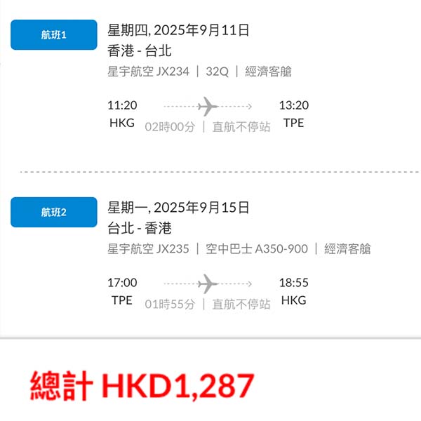 【台北】好過坐廉航！一試全新五星航空！星宇航空來回台北連稅$1,287起！8月尾至12月尾出發