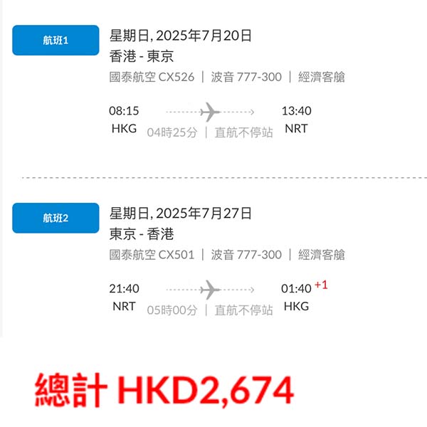 【東京】成個七月都減！早去晚返都得！國泰航空來回東京成田連稅$2,674起！9月26日或之前出發
