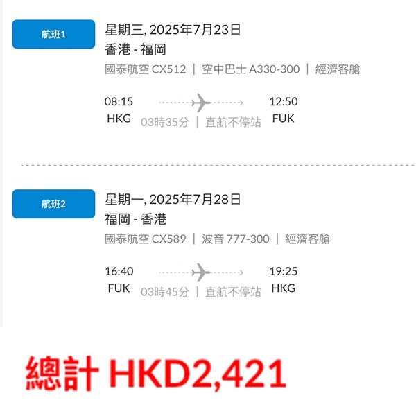 【福岡】暑假照有減！可早去黃昏返！國泰航空來回福岡連稅$2,421起！9月24日或之前出發