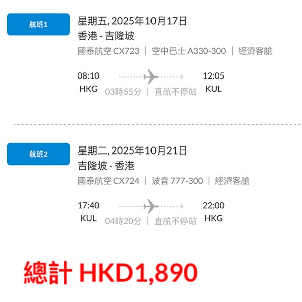 【吉隆坡】好似銷情唔錯？國泰航空來回吉隆坡連稅$1,890起，可早去晚返！8月至11月指定日子出發