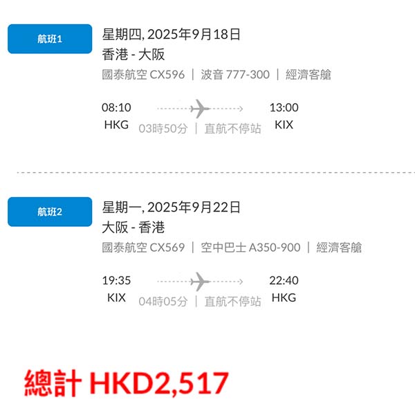 【大阪】9月最多選擇！世博最後衝刺？國泰航空來回大阪連稅$2,517起！8月尾至12月中出發