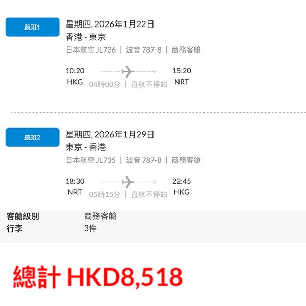 【東京】商務艙一齊減！包3件32kg寄艙行李！日本航空商務艙來回東京連稅$8,518起！9月至2026年3月指定日子出發