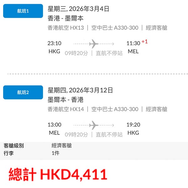 【墨爾本】正！開始有減啦！香港航空直航來回墨爾本連稅$4,411起！12月、2至3月指定日子出發