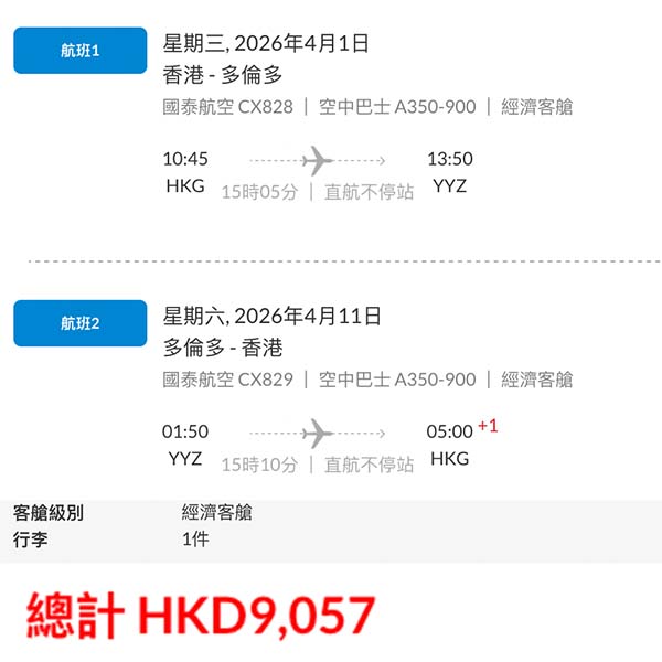 【多倫多】直航罕減！重回四位數！ 一地平飛！國泰航空直航來回多倫多連稅$9,057起！9月中至2026年6月尾出發