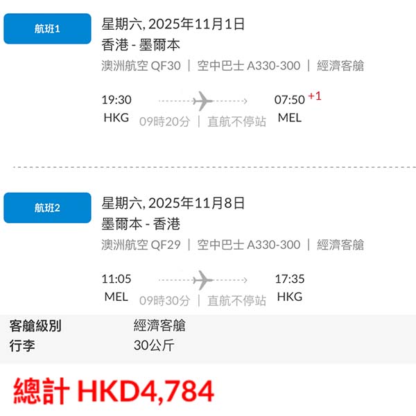 【墨爾本】被港航迫到減？超長出發期！澳洲航空直航來回墨爾本連稅$4,784起！8月尾至2026年6月中出發