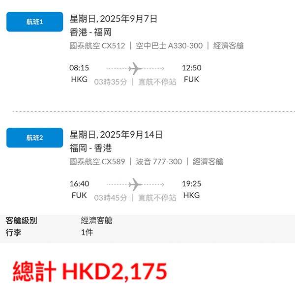 【福岡】極限量平飛！難得減到咁平！國泰航空來回福岡連稅$2,175起！9月頭至9月中出發
