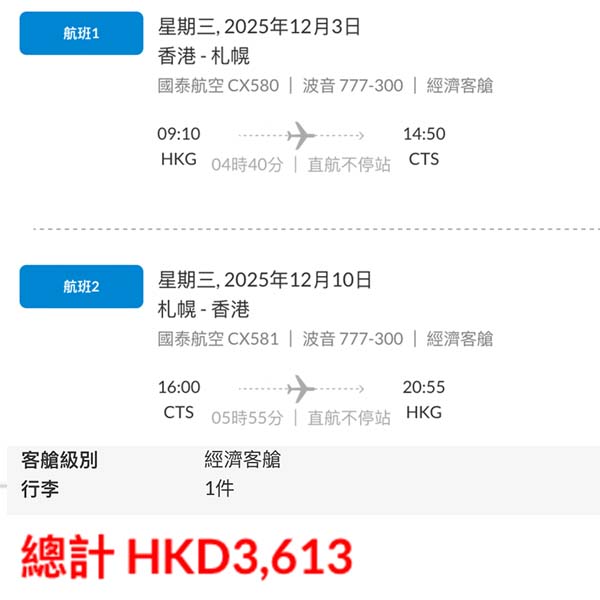【札幌】直航北海道！繼續減價放平飛！國泰航空來回札幌連稅$3,613起！9月至12月指定日子出發