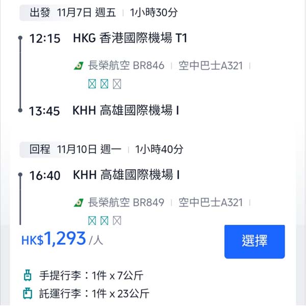 【高雄】難得減到咁平！多出發日子選擇！長榮航空來回高雄連稅$1,293起！12月19日或之前出發