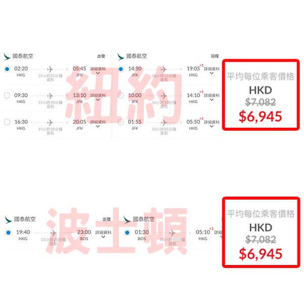 【美國】東岸直航都有減！跌穿七千！國泰航空來回紐約/波士頓連稅$6,945起！9月至2026年6月出發