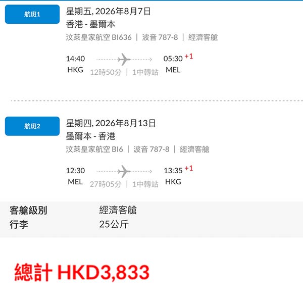 【墨爾本】唔係廉航都咁抵！減到下年暑假！汶萊皇家航空來回墨爾本連稅$3,833起！10月至2026年8月指定日子出發
