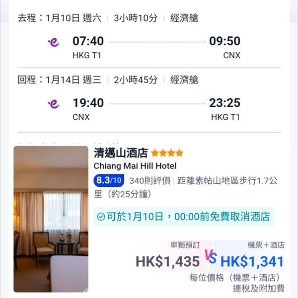 【清邁】獨市直航優惠！清邁5日4夜套票，包來回機票+4晚四星或以上酒店，每位連稅$1,341起！10月至2026年3月出發