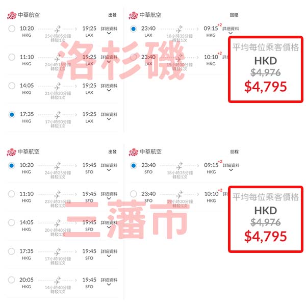 【美國】加入減價戰！五千有找飛美國！中華航空來回洛杉磯/三藩市連稅$4,795起！10月至2026年6月指定日子出發