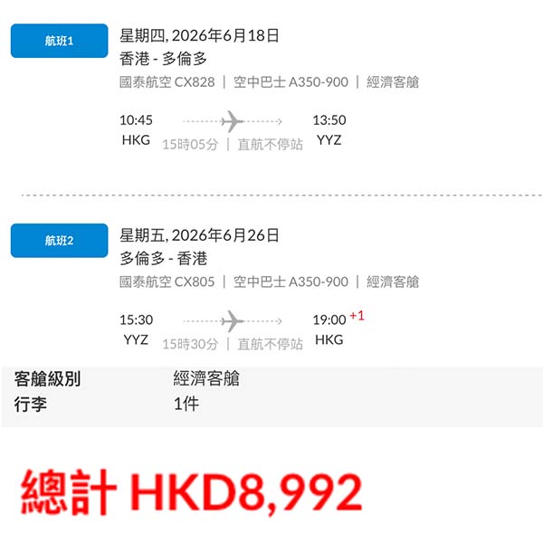 【多倫多】九千有找！直航又有減！國泰航空來回多倫多連稅$8,992起！2026年1月至6月出發